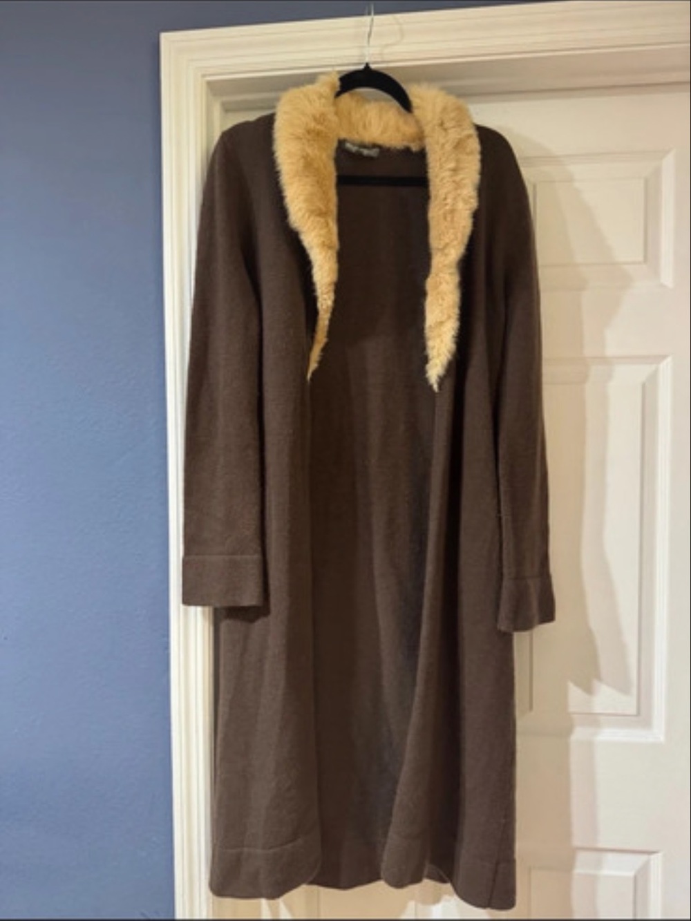 Bisou Bisou Brown Long Open-Front Sweater with Cream Faux-Fur Collar